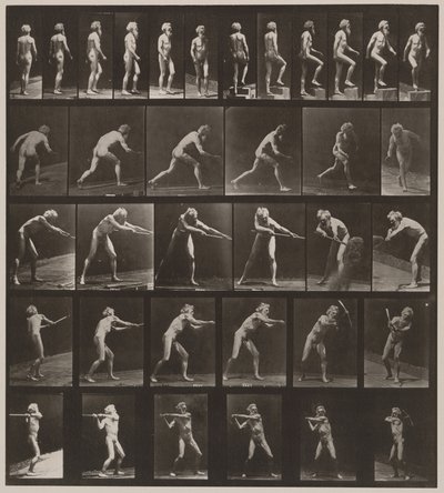 Plate Number 521. A, Walking; B, Ascending Step; C, Throwing Disk; D, Using Shovel; E, Using Pick; F, Using Pick, 1887 by Eadweard Muybridge